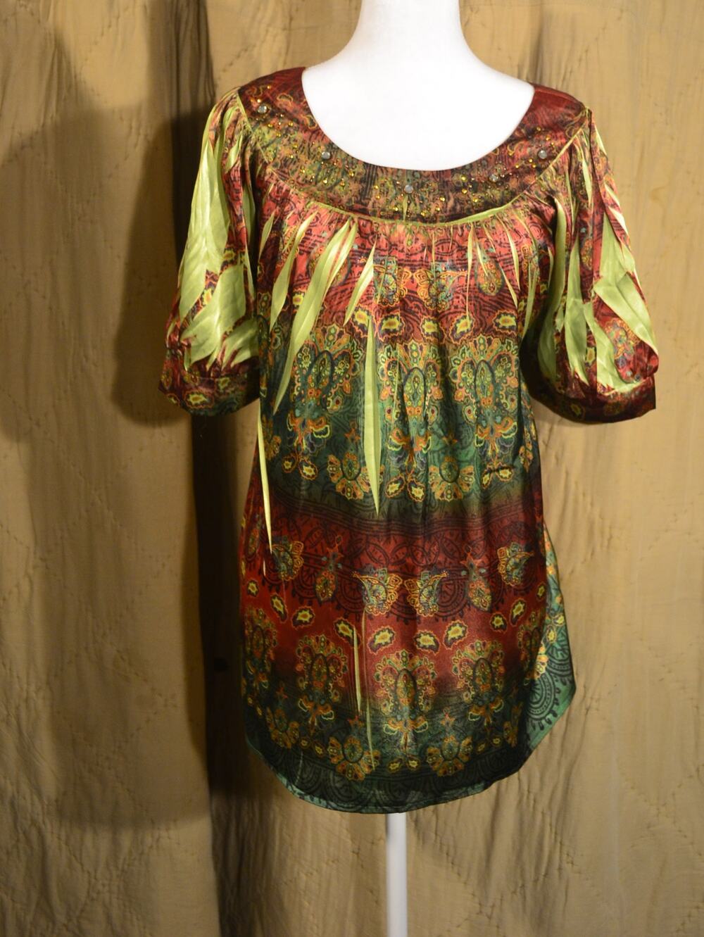 B.L.E.U. Women’s Small Paisley Boho Tunic Blouse Beaded Satin Cutout Sleeve Top